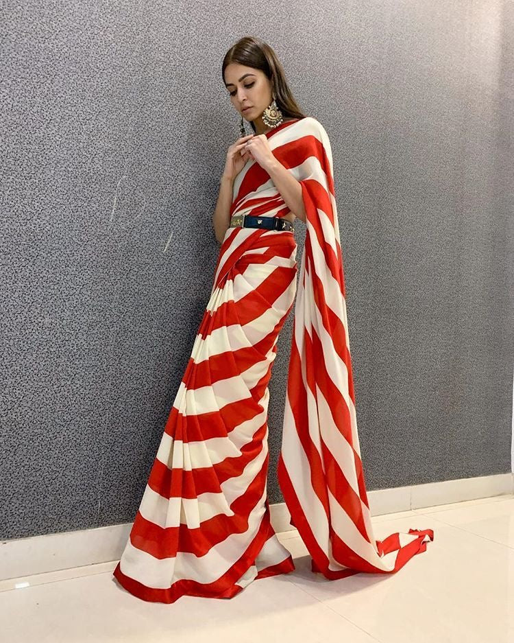 Kriti Kharbanda Inspired Pure Katan Silk Handloom Banarasi Saree - Stripe