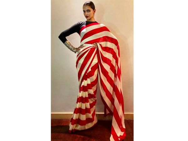 Deepika Padukone Inspired Pure Katan Silk Handloom Banarasi Saree - Stripe