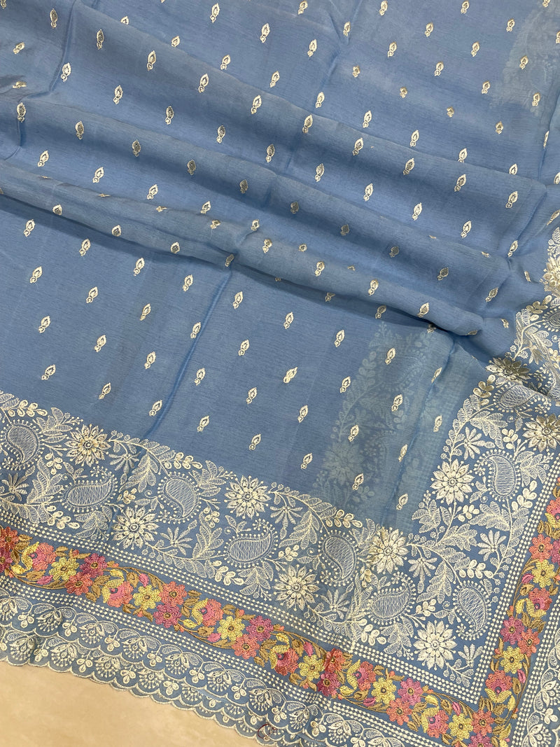 Pure Georgette Chikankari Handloom Banarasi Saree - The Handlooms