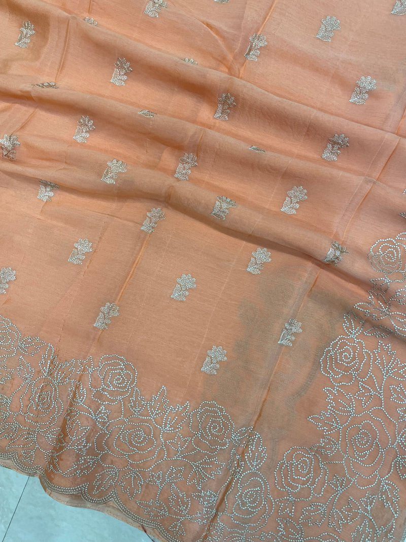 Pure Georgette Chikankari Handloom Banarasi Saree - The Handlooms
