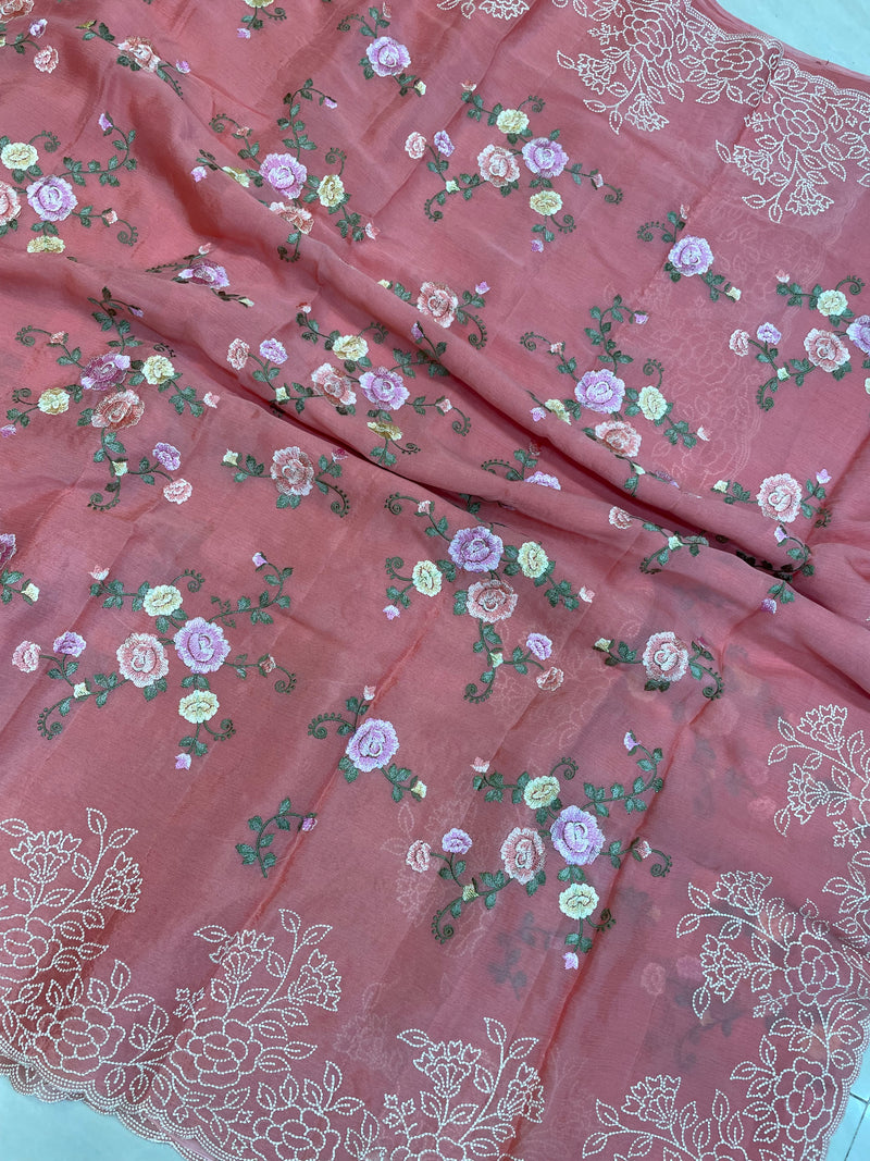 Pure Georgette Chikankari Handloom Banarasi Saree - The Handlooms