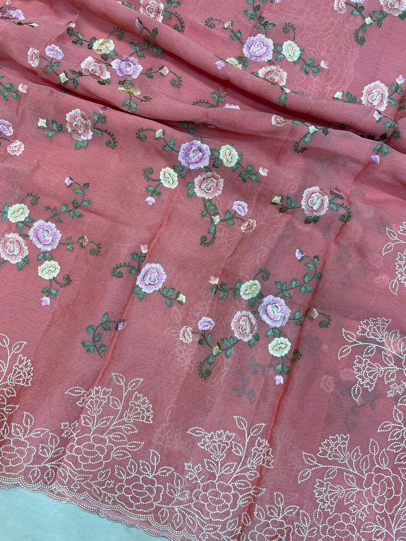 Pure Georgette Chikankari Handloom Banarasi Saree - The Handlooms