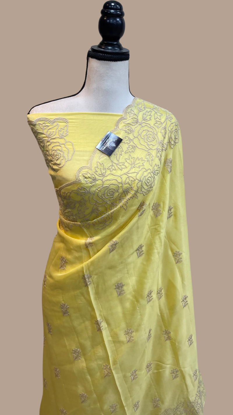 Pure Georgette Chikankari Handloom Banarasi Saree - The Handlooms