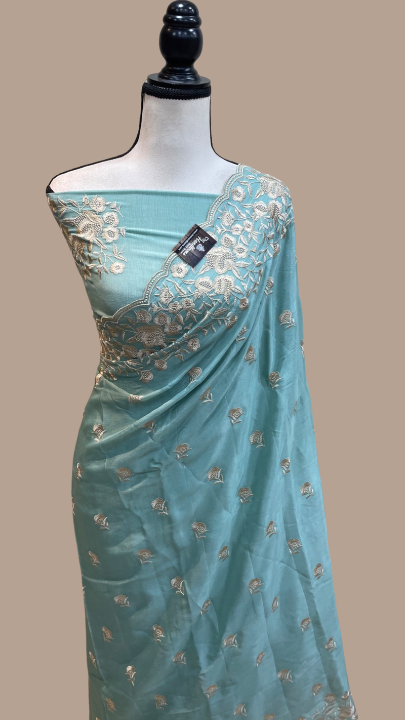 Pure Georgette Chikankari Handloom Banarasi Saree - The Handlooms