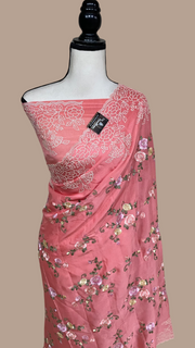 Pure Georgette Chikankari Handloom Banarasi Saree - The Handlooms