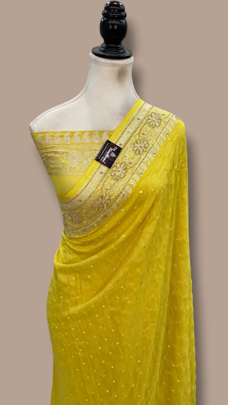 Pure Moonga Georgette Handloom Banarasi Saree with Handwork: Gota Patti, Zardozi, Diamond Chain, Katdana, and Abla Detailing - The Handlooms