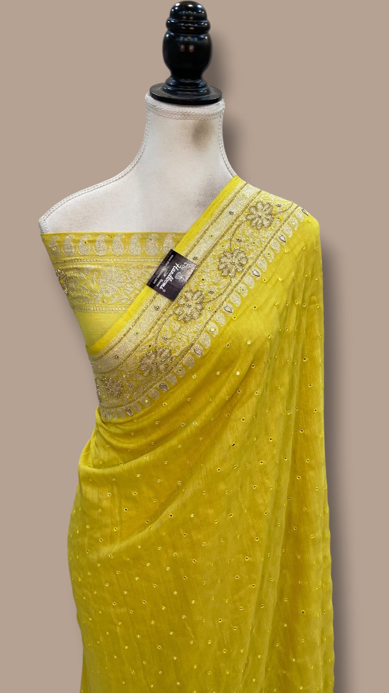 Pure Moonga Georgette Handloom Banarasi Saree with Handwork: Gota Patti, Zardozi, Diamond Chain, Katdana, and Abla Detailing - The Handlooms