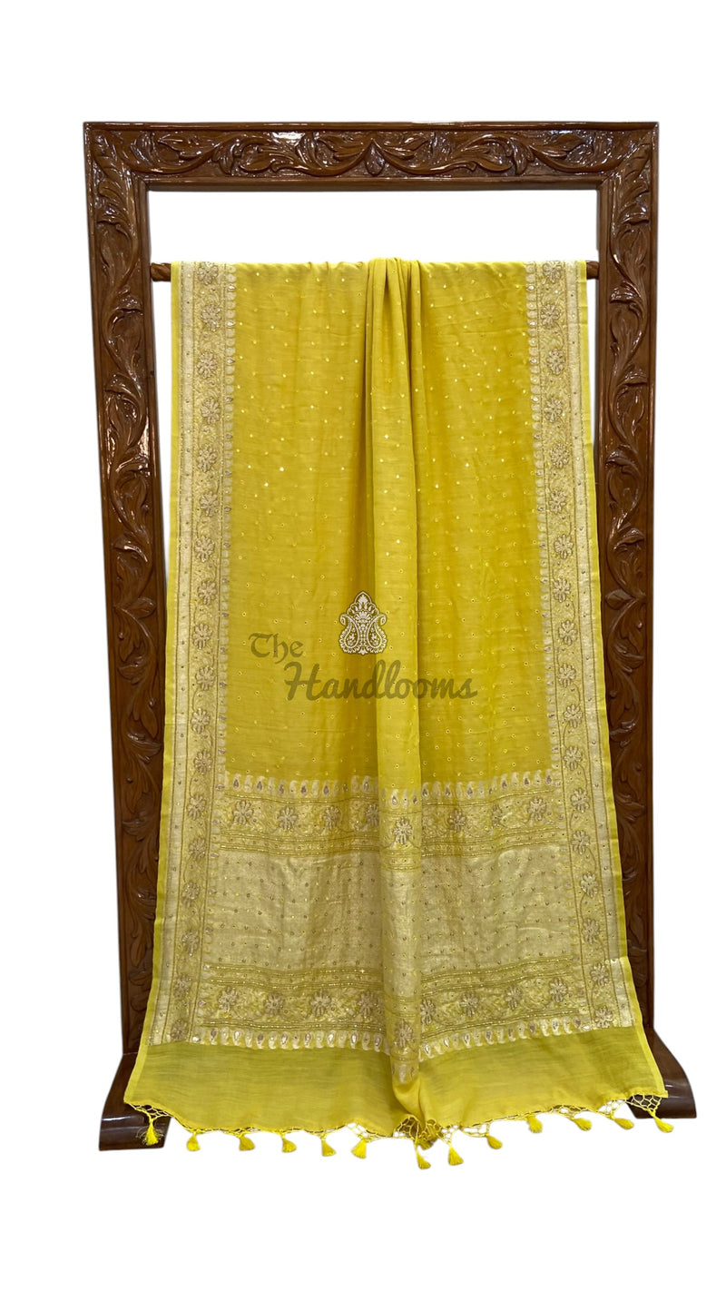 Pure Moonga Georgette Handloom Banarasi Saree with Handwork: Gota Patti, Zardozi, Diamond Chain, Katdana, and Abla Detailing - The Handlooms