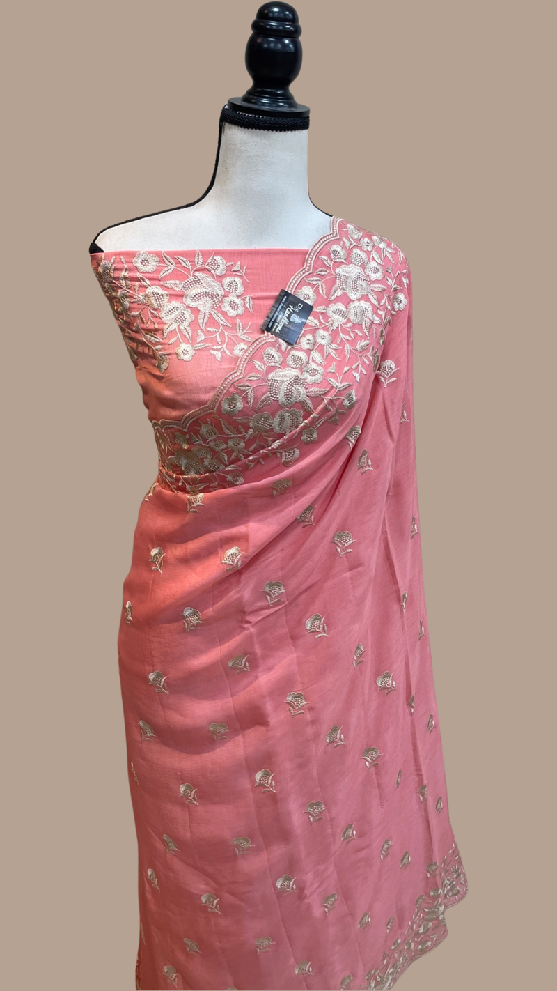 Pure Georgette Chikankari Handloom Banarasi Saree - The Handlooms