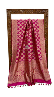 Hot Pink Pure Katan Silk Banarasi Handloom Saree - All Over Sona Roopa Jaal Work - The Handlooms