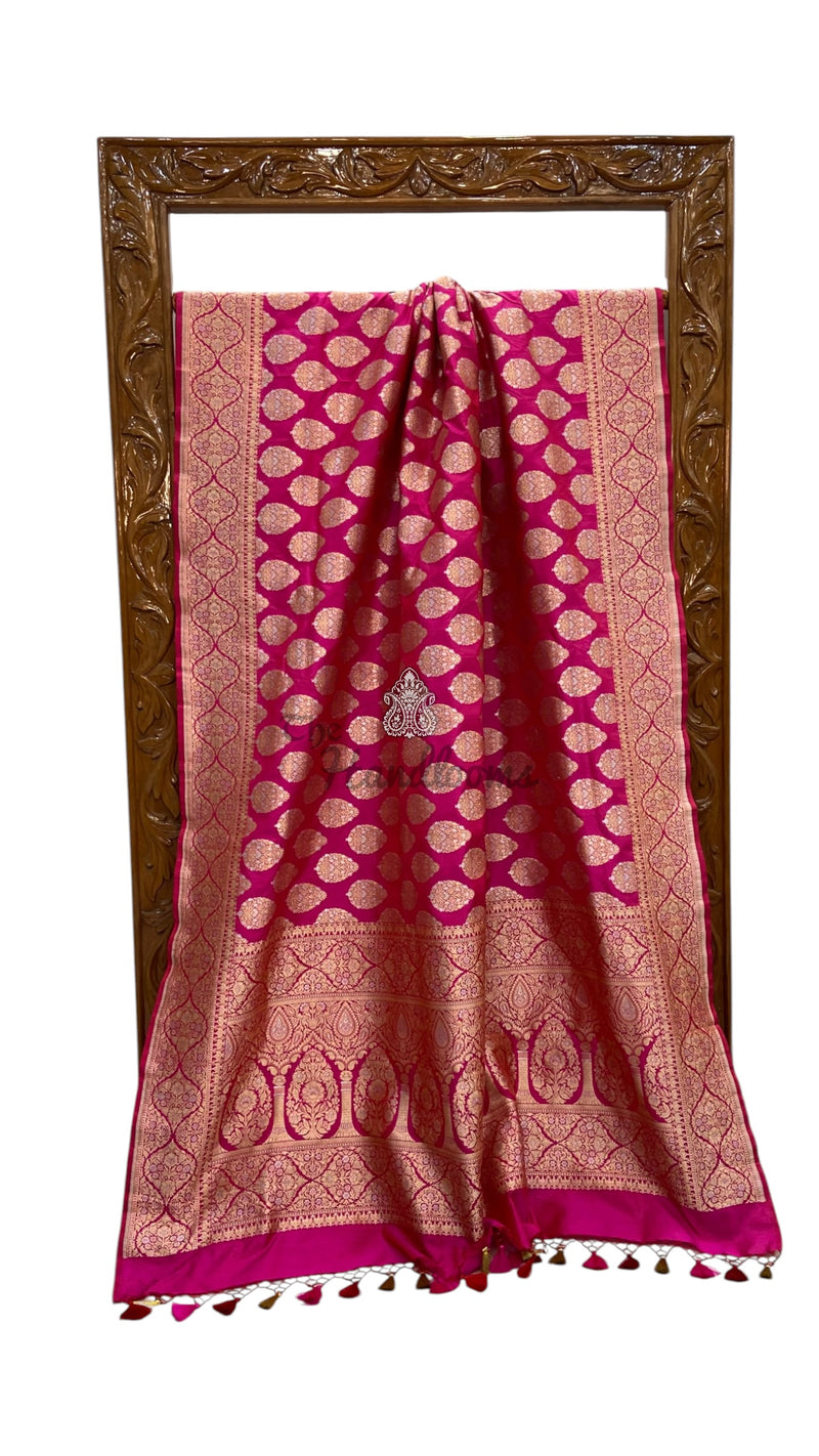 Hot Pink Pure Katan Silk Banarasi Handloom Saree - All Over Sona Roopa Jaal Work - The Handlooms