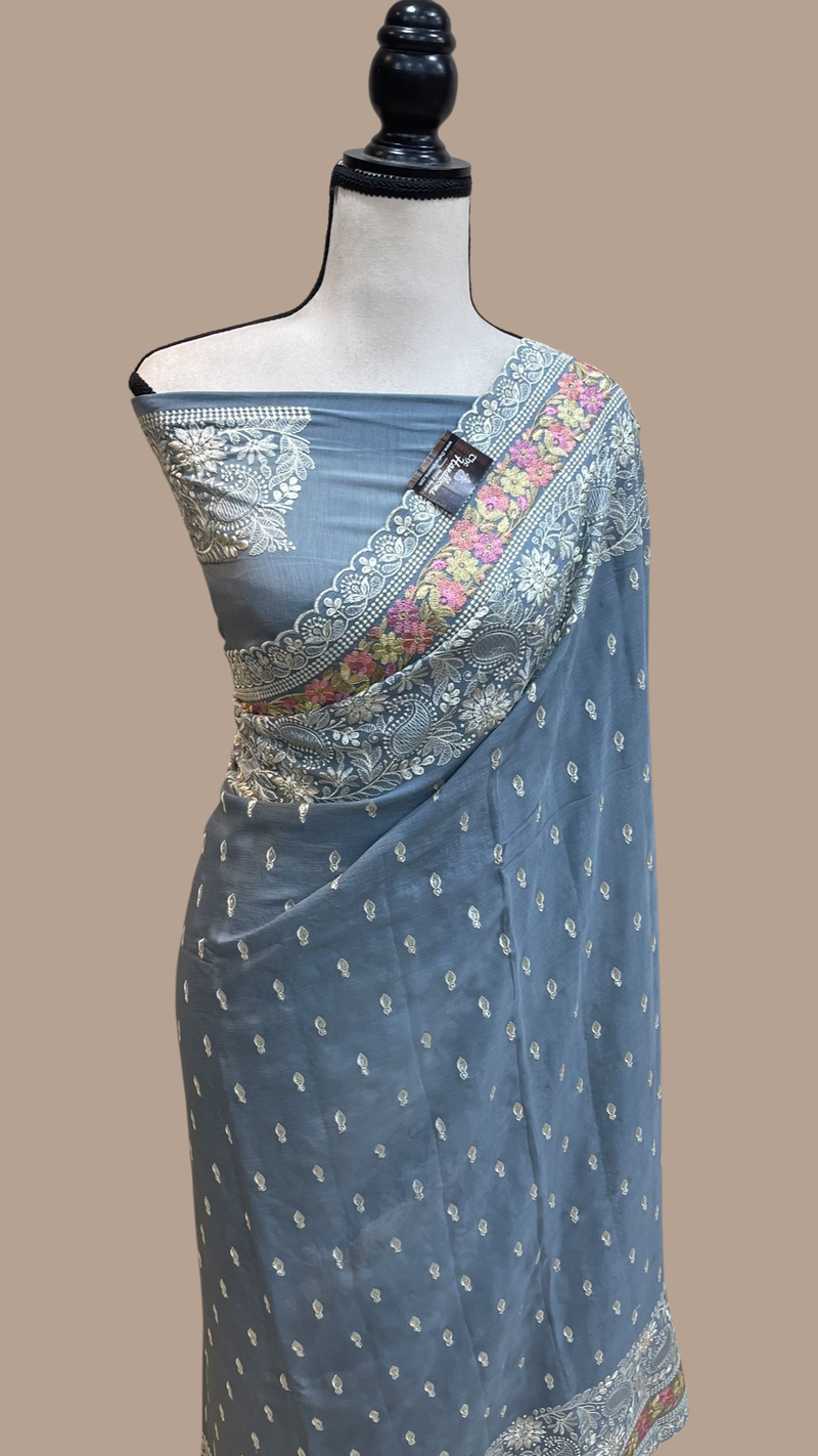 Pure Georgette Chikankari Handloom Banarasi Saree - The Handlooms