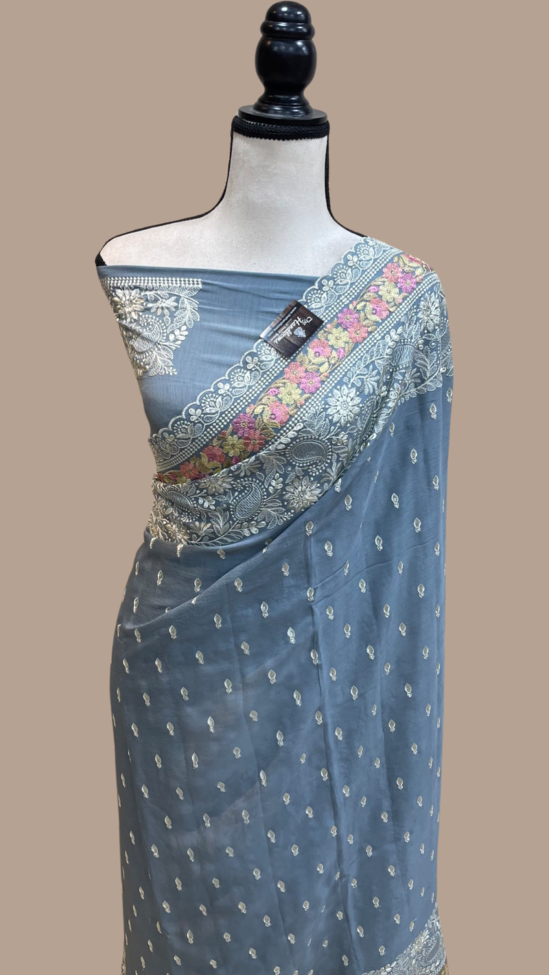 Pure Georgette Chikankari Handloom Banarasi Saree - The Handlooms