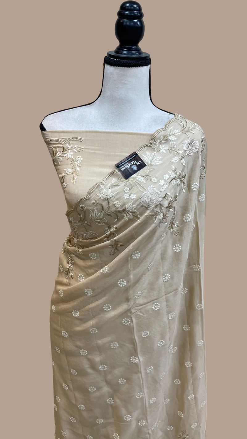 Pure Georgette Chikankari Handloom Banarasi Saree - The Handlooms