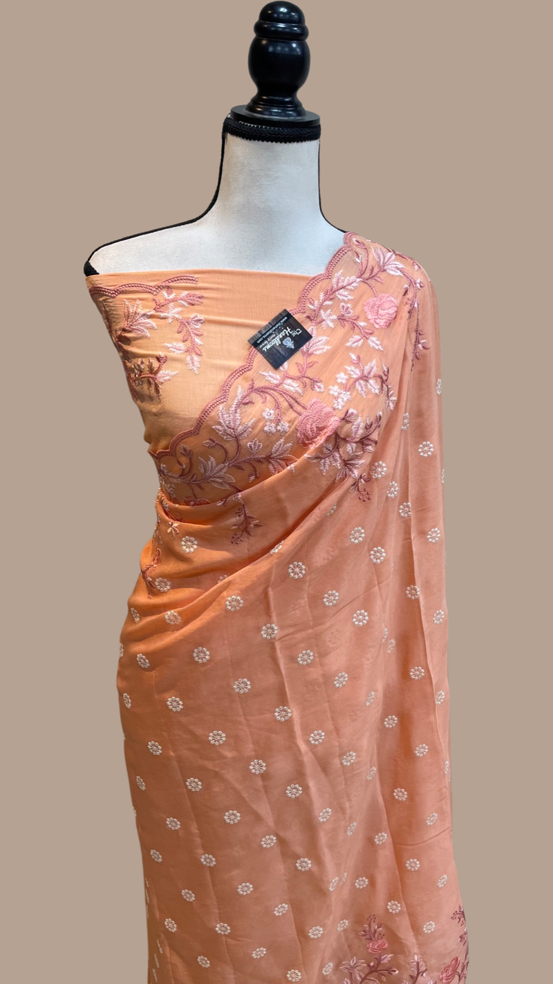 Pure Georgette Chikankari Handloom Banarasi Saree - The Handlooms