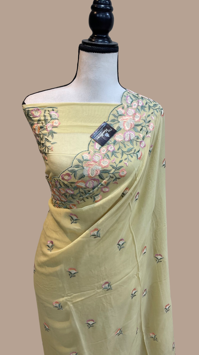 Pure Georgette Chikankari Handloom Banarasi Saree - The Handlooms