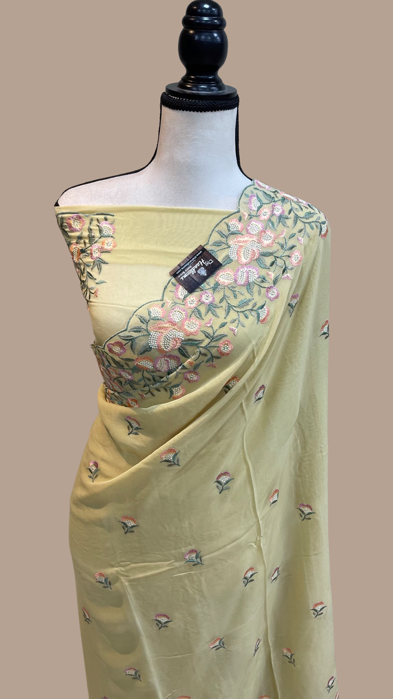 Pure Georgette Chikankari Handloom Banarasi Saree - The Handlooms