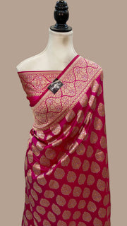 Hot Pink Pure Katan Silk Banarasi Handloom Saree - All Over Sona Roopa Jaal Work - The Handlooms