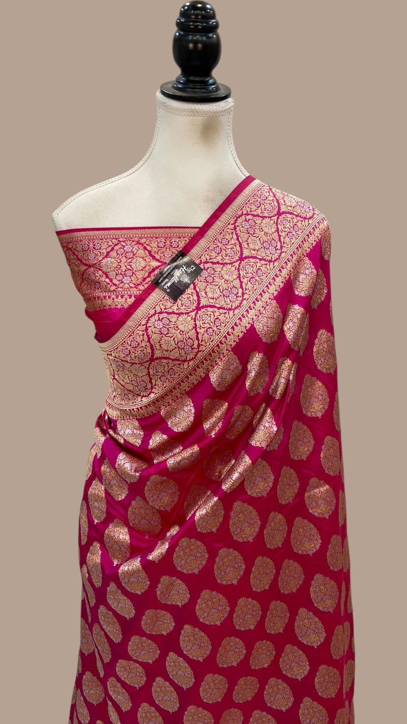 Hot Pink Pure Katan Silk Banarasi Handloom Saree - All Over Sona Roopa Jaal Work - The Handlooms