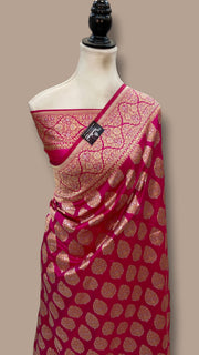 Hot Pink Pure Katan Silk Banarasi Handloom Saree - All Over Sona Roopa Jaal Work - The Handlooms