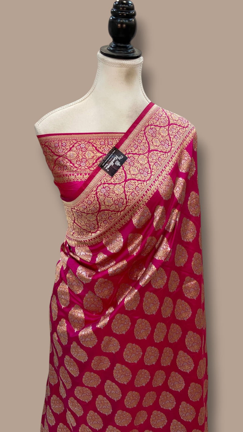 Hot Pink Pure Katan Silk Banarasi Handloom Saree - All Over Sona Roopa Jaal Work - The Handlooms