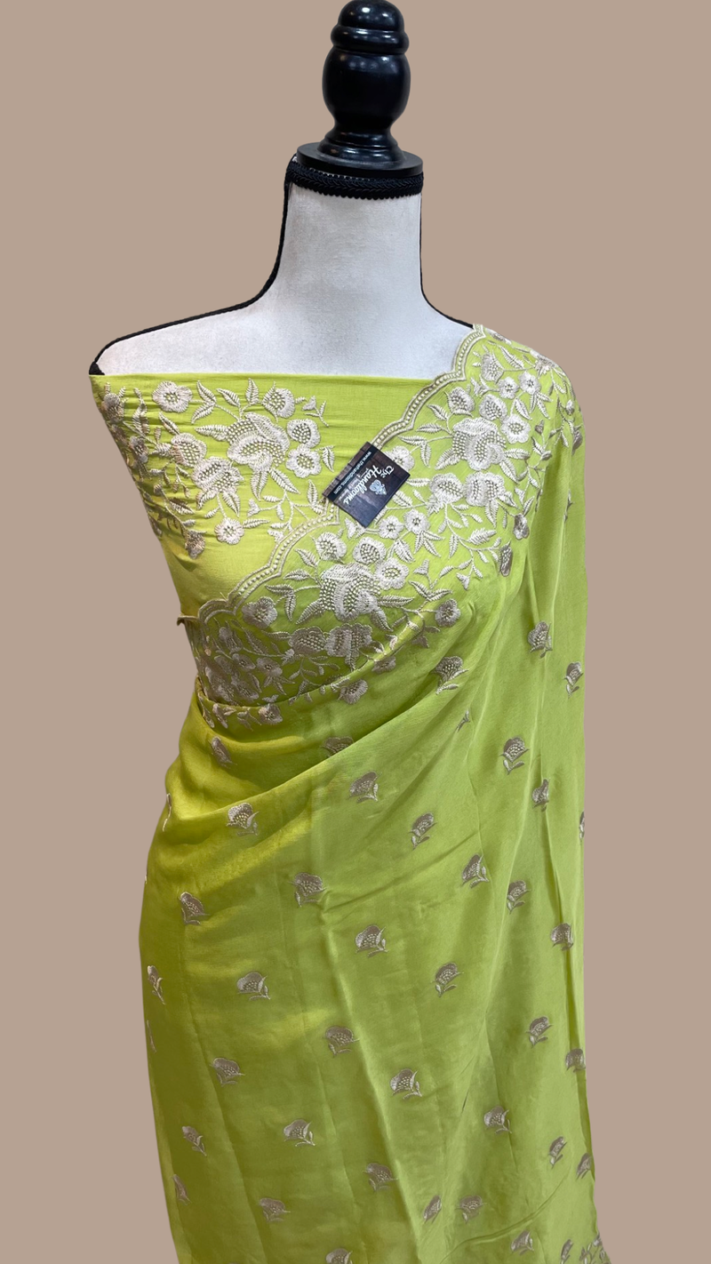 Pure Georgette Chikankari Handloom Banarasi Saree - The Handlooms