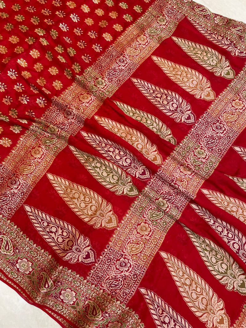 Red Pure Chiffon Khaddi Banarasi Saree - The Handlooms