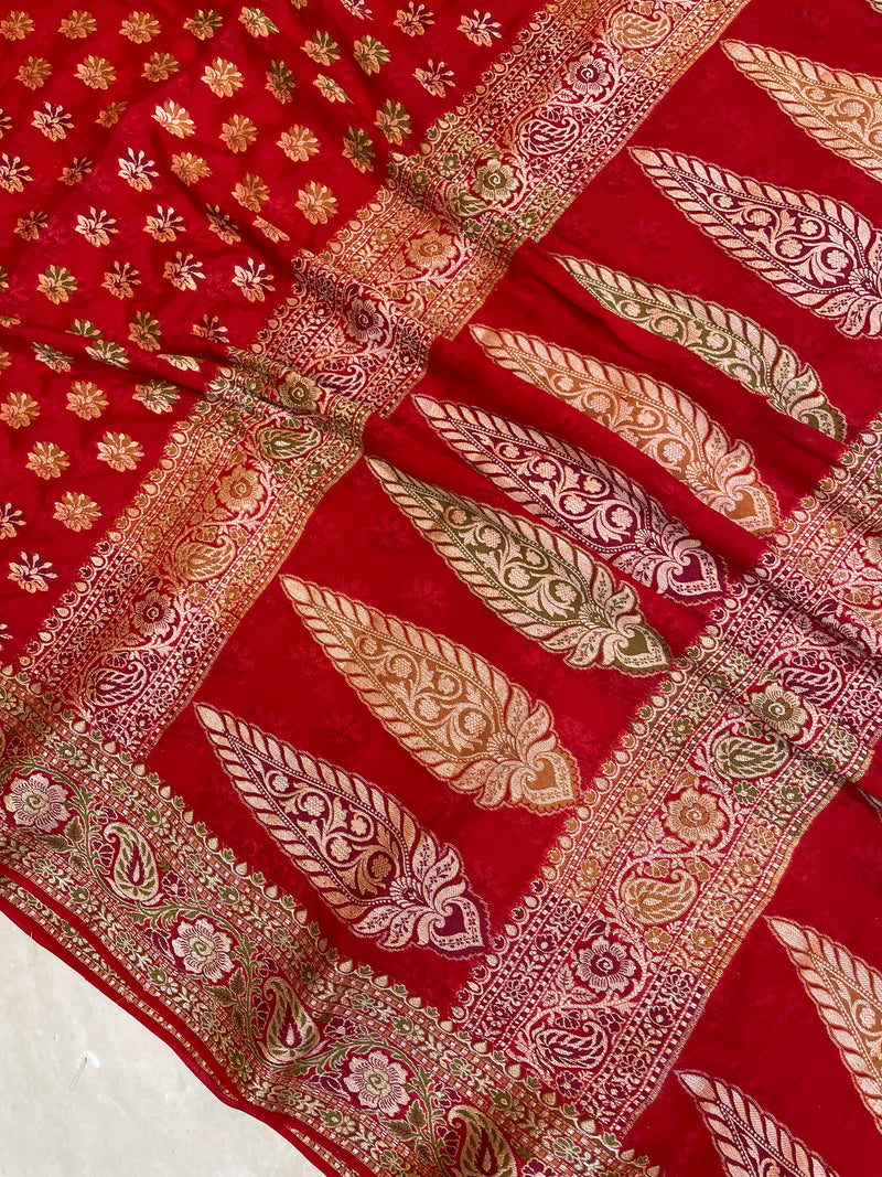Red Pure Chiffon Khaddi Banarasi Saree - The Handlooms