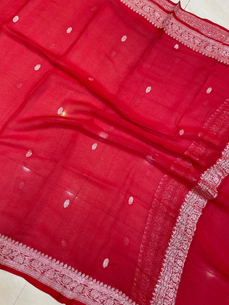 Pure Georgette Dupatta - Red silver zari - The Handlooms