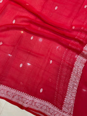 Pure Georgette Dupatta - Red silver zari - The Handlooms