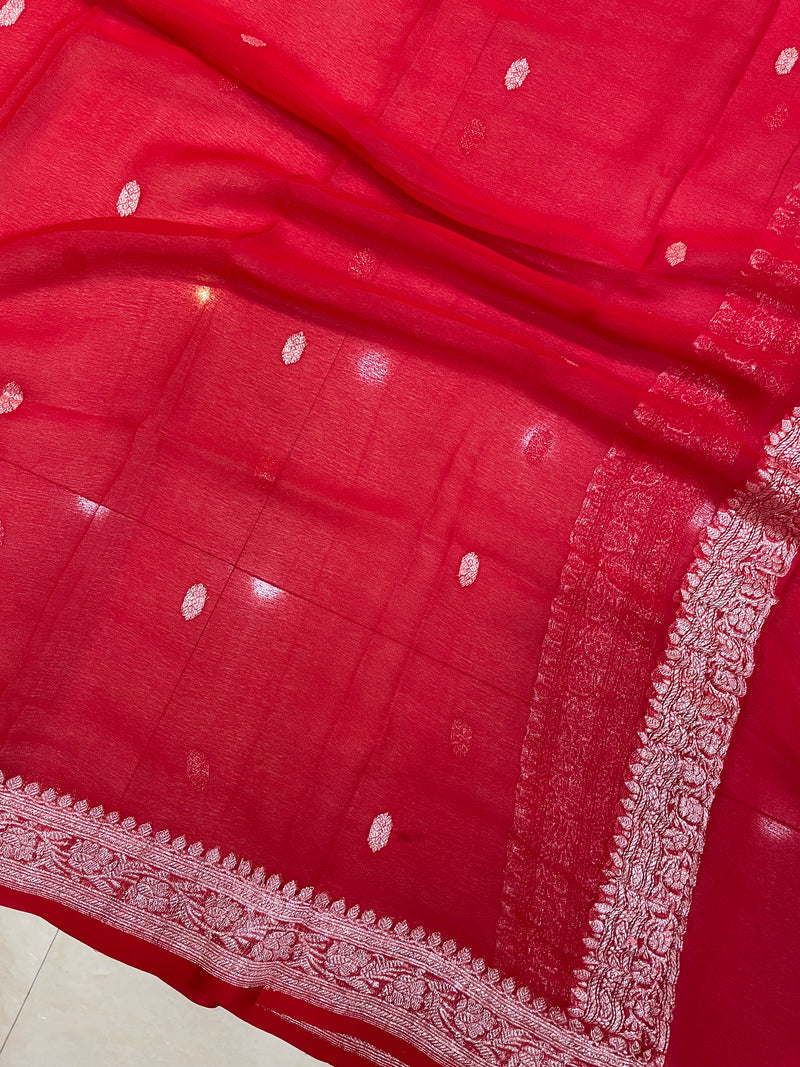 Pure Georgette Dupatta - Red silver zari - The Handlooms