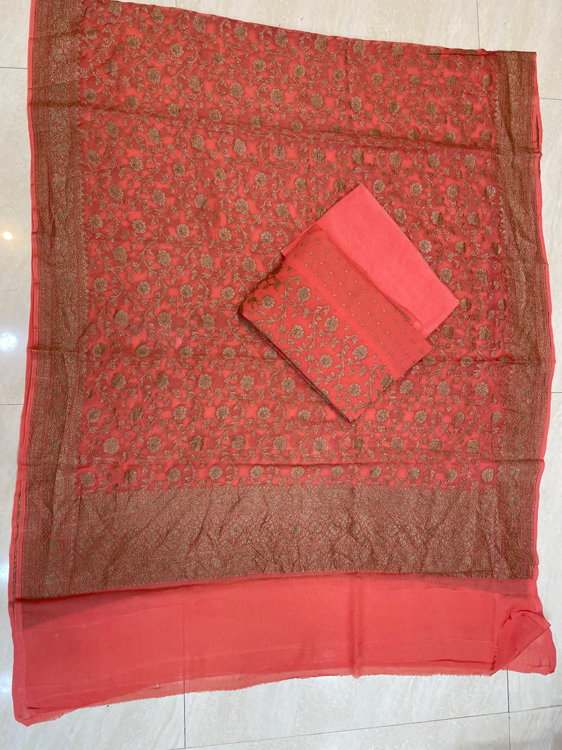 Pure Khaddi Georgette Banarasi Dress material - Antique Zari - The Handlooms
