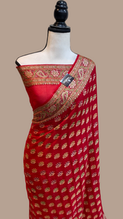 Red Pure Chiffon Khaddi Banarasi Saree - The Handlooms