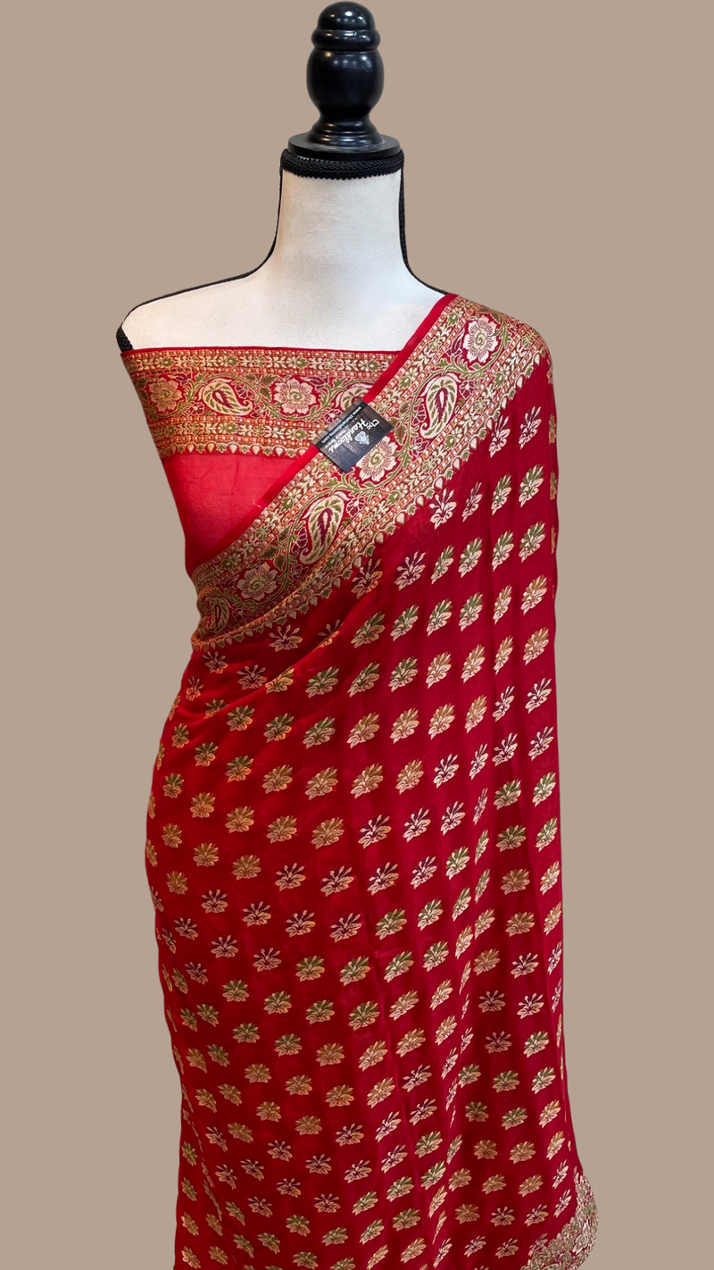 Red Pure Chiffon Khaddi Banarasi Saree - The Handlooms