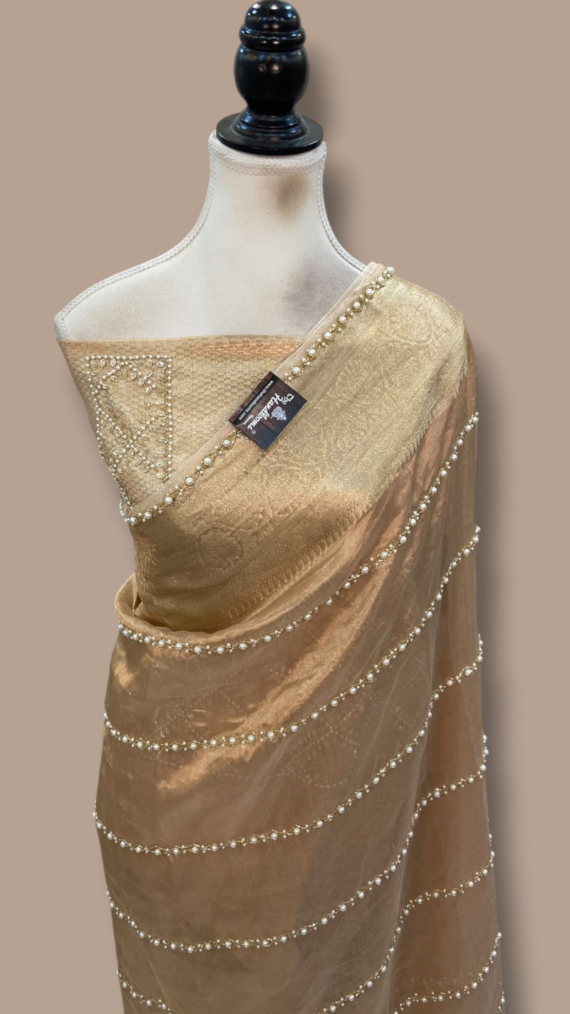 Disha Patani Inspired Pure Kora Tissue Handloom Banarasi Saree - Handwork