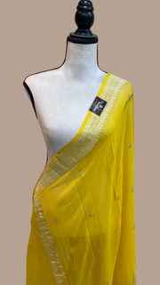 Pure Georgette Dupatta - Yellow silver zari - The Handlooms