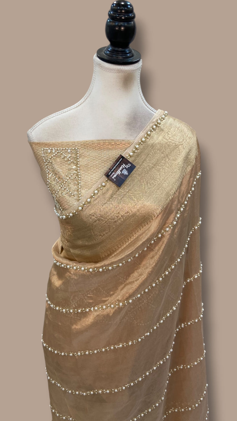 Disha Patani Inspired Pure Kora Tissue Handloom Banarasi Saree - Handwork
