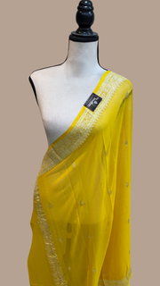 Pure Georgette Dupatta - Yellow silver zari - The Handlooms