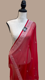 Pure Georgette Dupatta - Red silver zari - The Handlooms