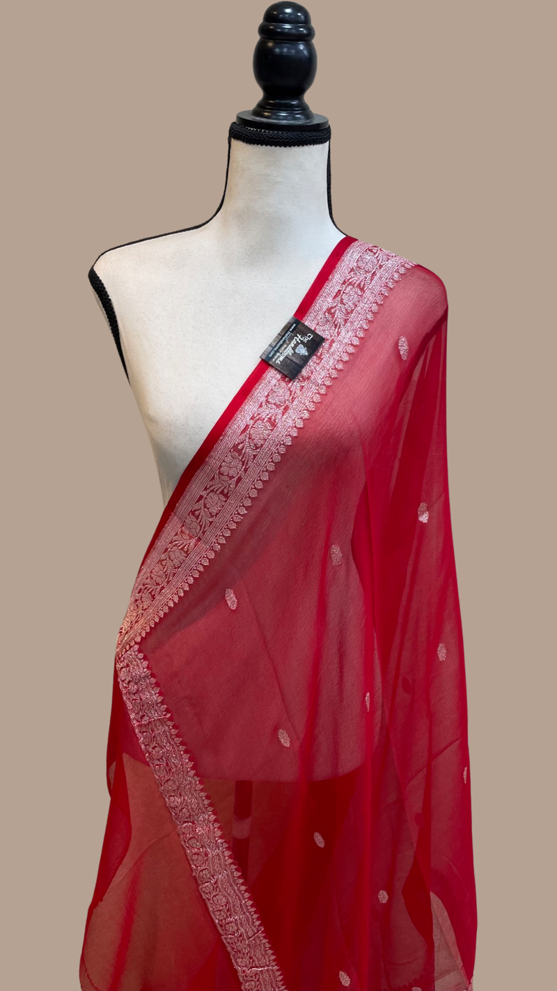 Pure Georgette Dupatta - Red silver zari - The Handlooms