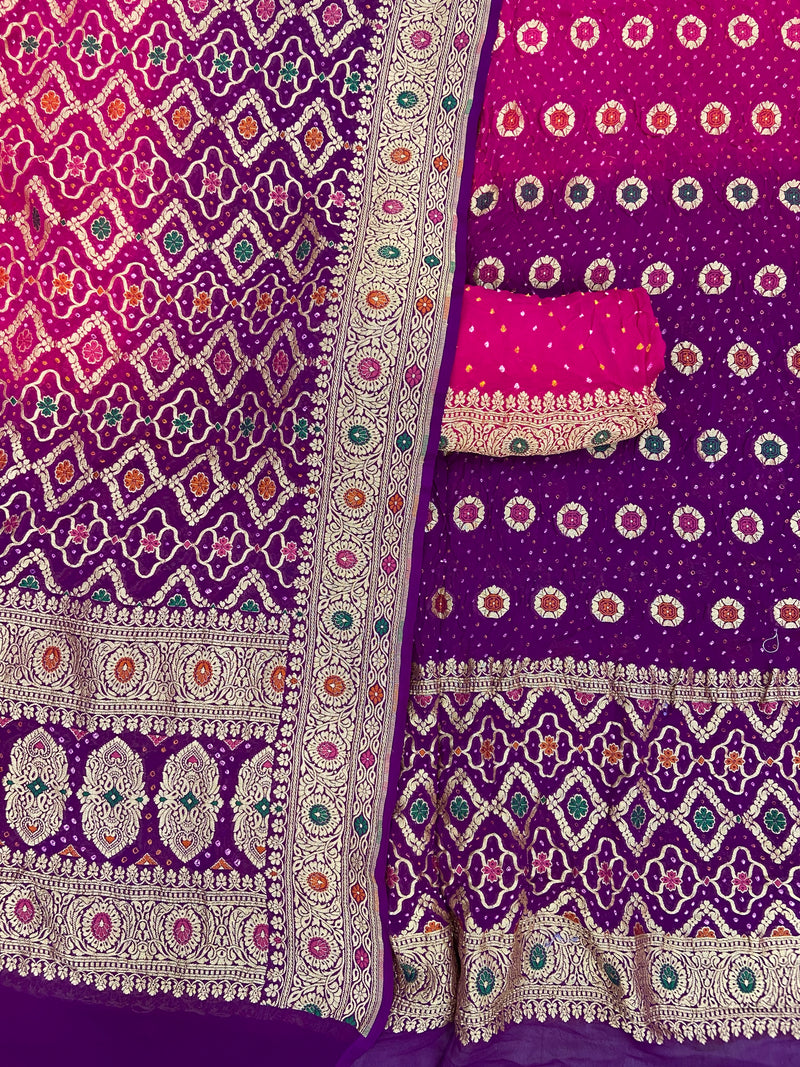 Pure Khaddi Georgette Bandhej Banarasi Dress material With Meenakari - The Handlooms