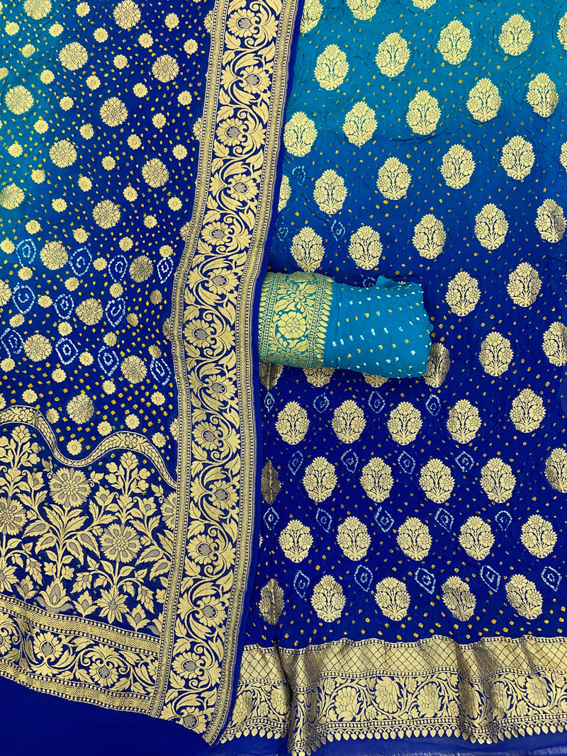 Pure Khaddi Georgette Bandhej Banarasi Dress material - The Handlooms