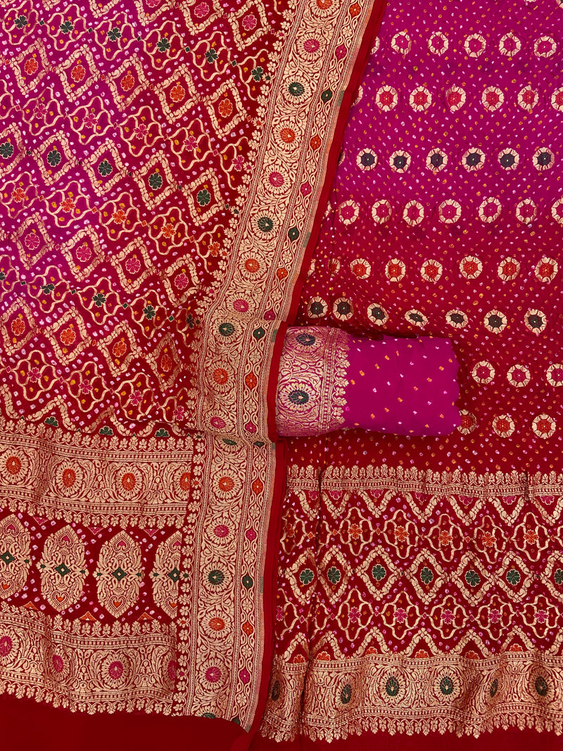 Pure Khaddi Georgette Bandhej Banarasi Dress material With Meenakari - The Handlooms