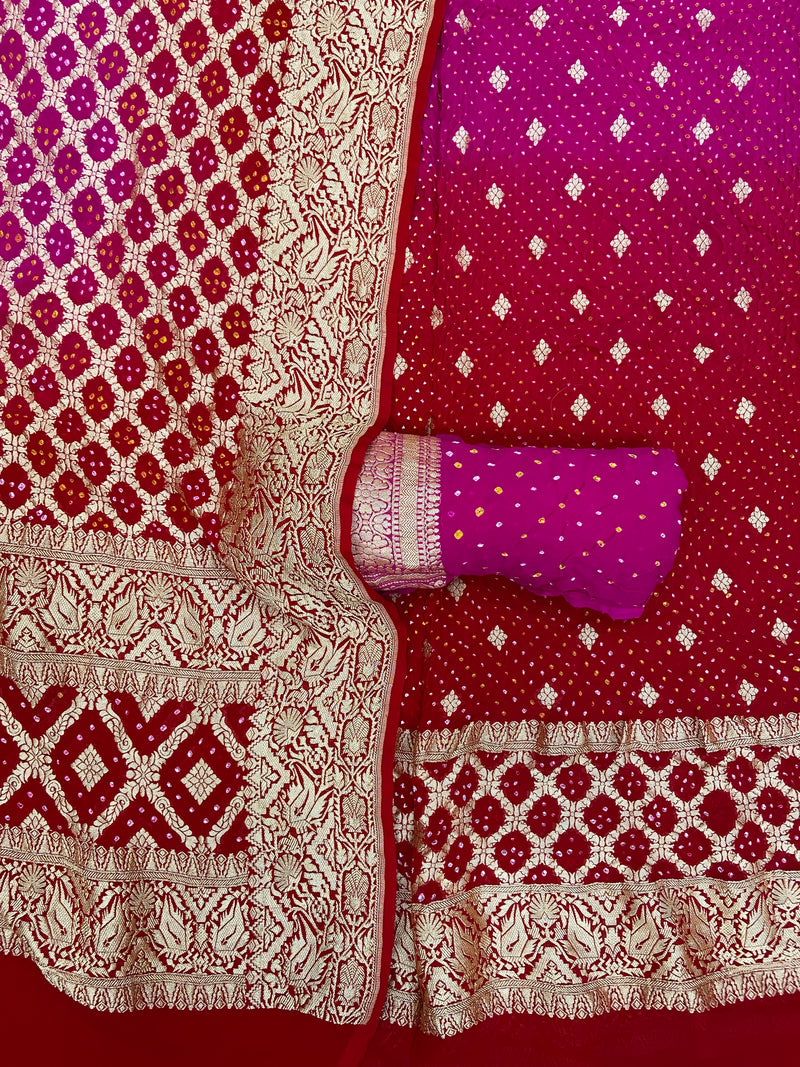 Pure Khaddi Georgette Bandhej Banarasi Dress material - The Handlooms