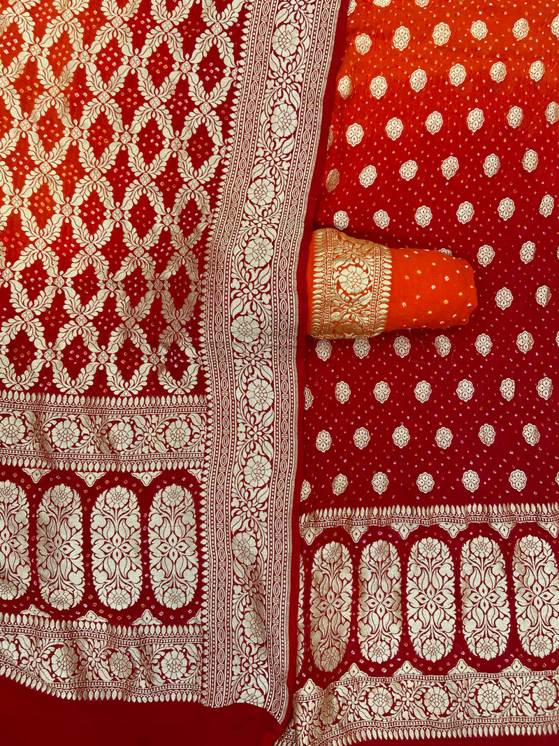 Pure Khaddi Georgette Bandhej Banarasi Dress material - The Handlooms