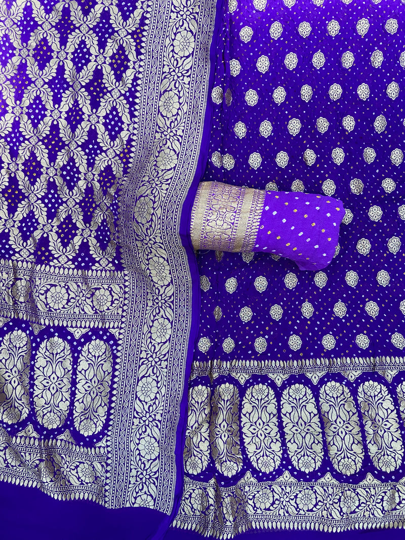 Pure Khaddi Georgette Bandhej Banarasi Dress material - The Handlooms