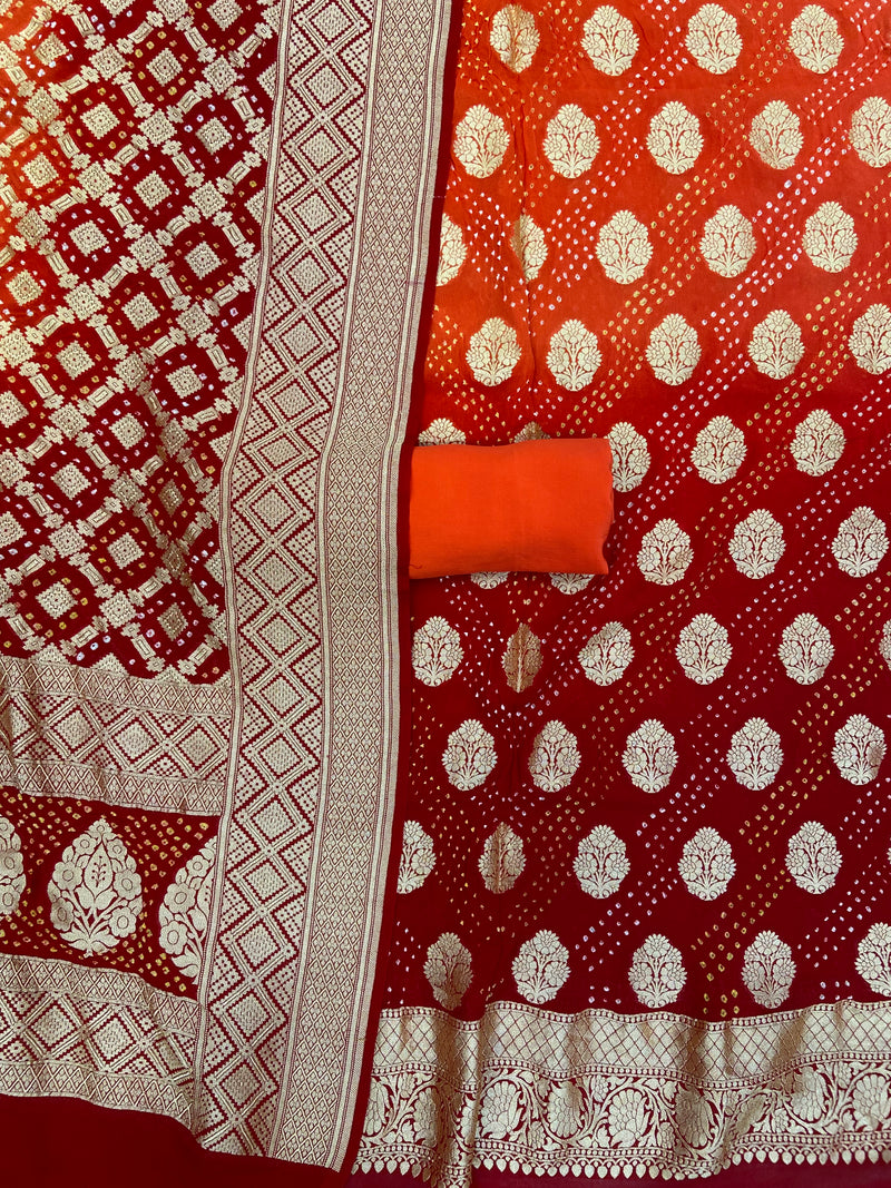 Pure Khaddi Georgette Bandhej Banarasi Dress material - The Handlooms