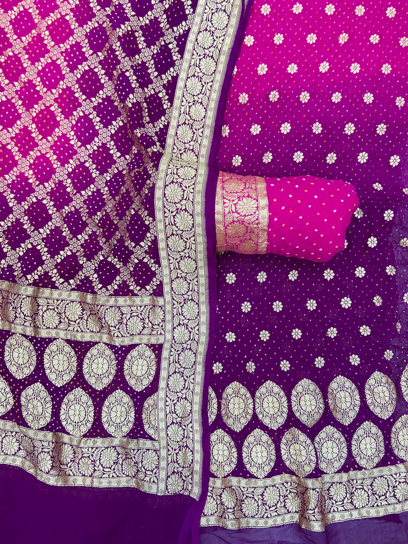 Pure Khaddi Georgette Bandhej Banarasi Dress material - The Handlooms