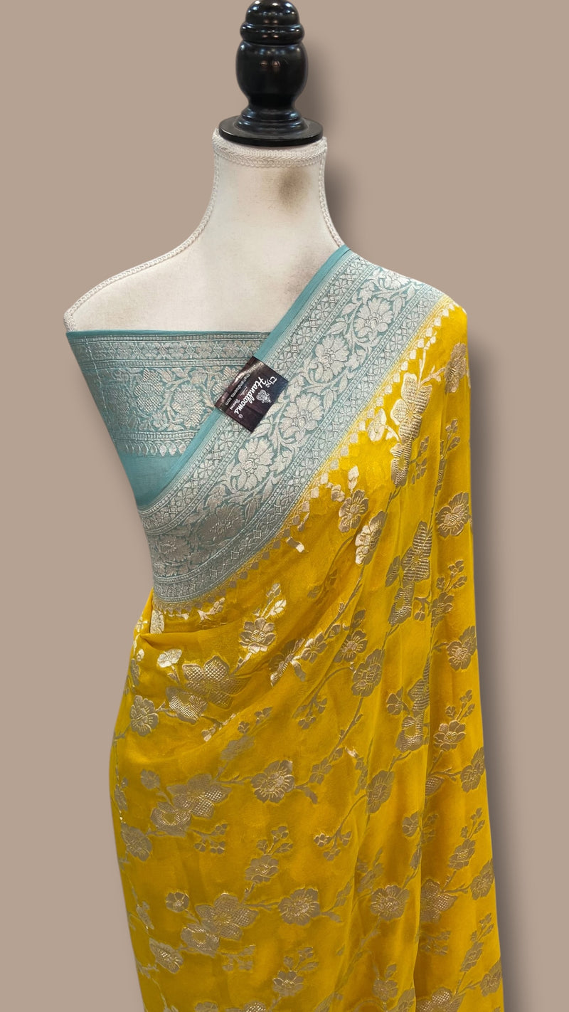 Yellow Khaddi Georgette Handloom Banarasi Saree - The Handlooms