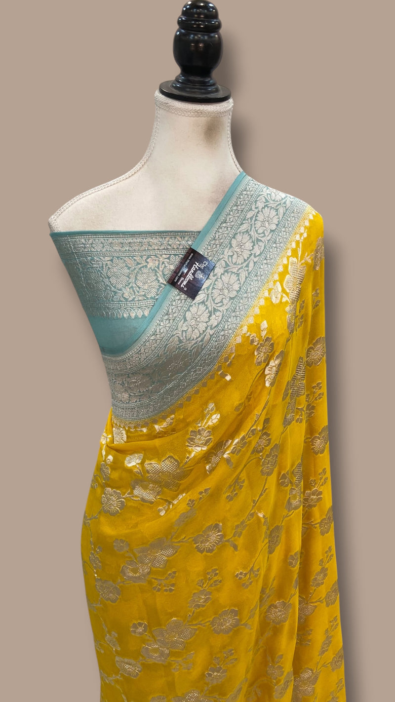 Yellow Khaddi Georgette Handloom Banarasi Saree - The Handlooms